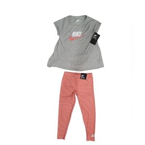 Brand NEW! Nike Girls 6x Gray Tee and Coral Nike Swoosh Design Leggings Set